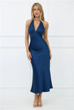 Nocturnal Bloom Satin Halter Maxi Dress Navy