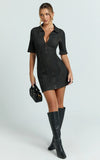 Tessie Mini Dress Zip Front Collared Denim Mini Dress in Black