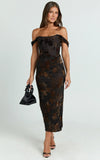 Karlene Midi Dress Ruched Corset Burnout Dress in Black and Brown