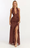 Eleonor Maxi Dress Plunge Halter Tiered Ruffle Front Split Dress in Chocolate
