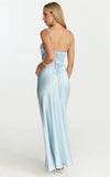 Rumi Midi Dress Rushed Bodiest Satin Dress in Pale Blue