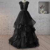 Vintage A Line Black Tulle Wedding Dress with Ruffles