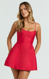 Carolina Mini Dress Scoop Neck Panel Bodice Dress in Red