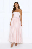 Glossed Over Strapless Satin Pleated Maxi Dress Pink