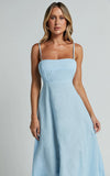 Brette Midi Dress Linen Straight Neck Strappy Fit And Flare Dress in Blue