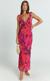 Alessa Midi Dress V Neck Frill Detail Empire Waist Back Cut Out Dress in Adeana Print