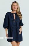 Shailene Mini Dress Tie Front Puff Sleeve Recycled Denim Dress in Raw Indigo