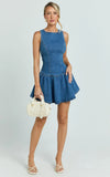 Vera Mini Dress Boat Neck Drop Waist Fit And Flare Denim Dress in Mid Blue Wash