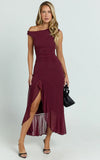 Judee Midi Dress One Shoulder High Side Split Dress in Wine