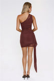 Glow Chaser Lace Mesh One Shoulder Mini Dress Brown