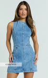 Olenna Mini Dress High Neck Fitted Denim Dress in Mid Blue Wash