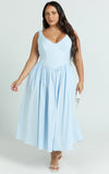 Beckett Midi Dress Scoop Neck Drop V Waist Gathered Skirt Dress in Blue
