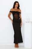 Silent Dreams Mesh Satin Off Shoulder Maxi Dress Black
