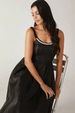 PEARL TRIM BLACK SATIN MIDI DRESS
