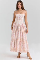 peach floral print stretch cotton midi sundress