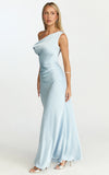 Lira Midi Dress One Shoulder Satin Dress in Pale Blue