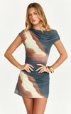 Bella Mini Dress Mesh Off Shoulder Dress in Rust Print