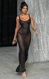 Laney Maxi Dress Mesh Sweetheart Neck Bodycon Dress in Black