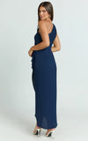 Namaari Midi Dress Faux Wrap One Shoulder Dress in Navy