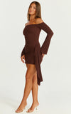 Noah Mini Dress Off Shoulder Draped Skirt Jersey Dress in Chocolate