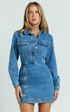 Ainsley Mini Dress Button Through Long Sleeve Denim Dress in Mid Blue Wash