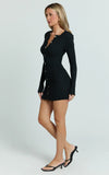Celia Mini Dress High Neck Square Shoulder Button Front Ruche Waist Knit Dress in Black