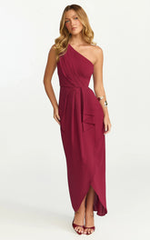 Namaari Midi Dress Faux Wrap One Shoulder Dress in Wine