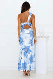 Blueberry Breeze One Shoulder Mesh Maxi Dress Blue