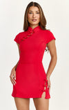 Nadia Mini Dress Cap Sleeve Mandarin Collar Fitted Dress in Red with Red Trim