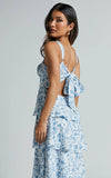 Lorma Midi Dress Ruched Layered Dress in Blue Floral