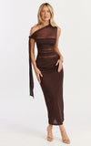 Astrid Midi Dress One Shoulder Contrast Satin Dress in Chocolate