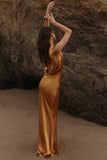 amber satin draped cowl neck maxi dress