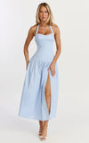 Nyx Midi Dress Halter Neck Drop Waist Dress in Blue