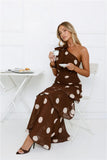 Shes Trendy One Shoulder Polka Dot Maxi Dress Brown