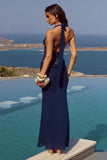 LINA HALTER DRAPED MAXI DRESS NAVY