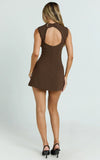 Langley Mini Dress Sleeveless High Neck Faux Wrap Tulip Dress in Brown