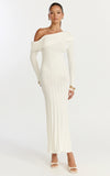 Elaine Midi Dress Knit Off Shoulder Asymmetric Panel Dress in Cream