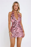 Dripping In Sequins Halter Mini Dress Pink