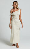 Cincinnati Midi Dress Off The Shoulder Side Split Column Linen Dress in Beige