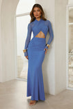 Twist Of Luxe Mesh Long Sleeve Maxi Dress Blue
