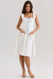 white cotton broderie anglaise trim midi dress