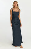 Rumi Midi Dress Rushed Bodiest Satin Dress in Navy
