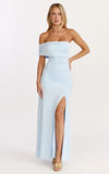 Opal Maxi Dress Off Shoulder Gathered Bodice Fit And Flare Dress in Blue