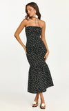 Seraphina Midi Dress Polka Dot Strapless Lace Neck Gathered Mermaid Skirt Dress in Black Polka Dot