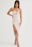 crystal satin and lace midi dress