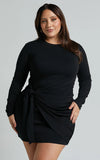Marleen Mini Dress Wrap Front Long Sleeve Bodycon Dress in Black