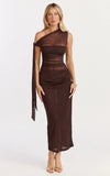 Astrid Midi Dress One Shoulder Contrast Satin Dress in Chocolate