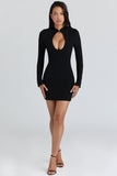 black crepe keyhole silhouette mini dress