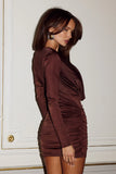 TATE SLEEVED COWL MINI DRESS BITTER CHOCOLATE