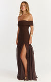 Florence Maxi Dress Off Shoulder Sheer Skirt Dress in Chocolate